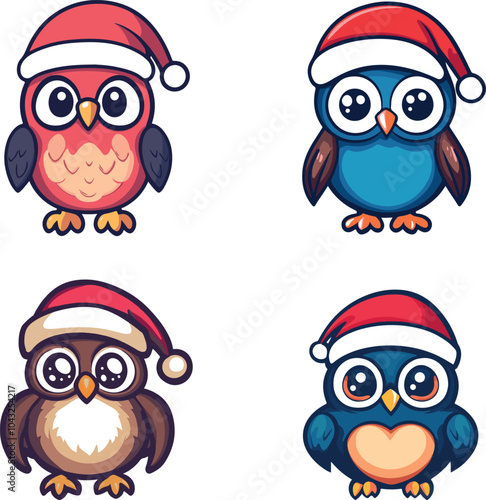 Festive Cartoon Owls Wearing Santa Hats Ready for Holiday Celebrations in Winter photo