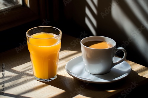 A delicious glass of orange juice and a cup of coffee