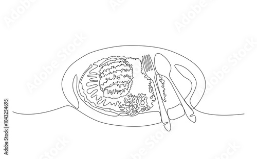 Continuous one line hand drawn of a dish of Katsu curry rice ( Kare rice) with spoon and fork isolated on white background, Vector Illustration