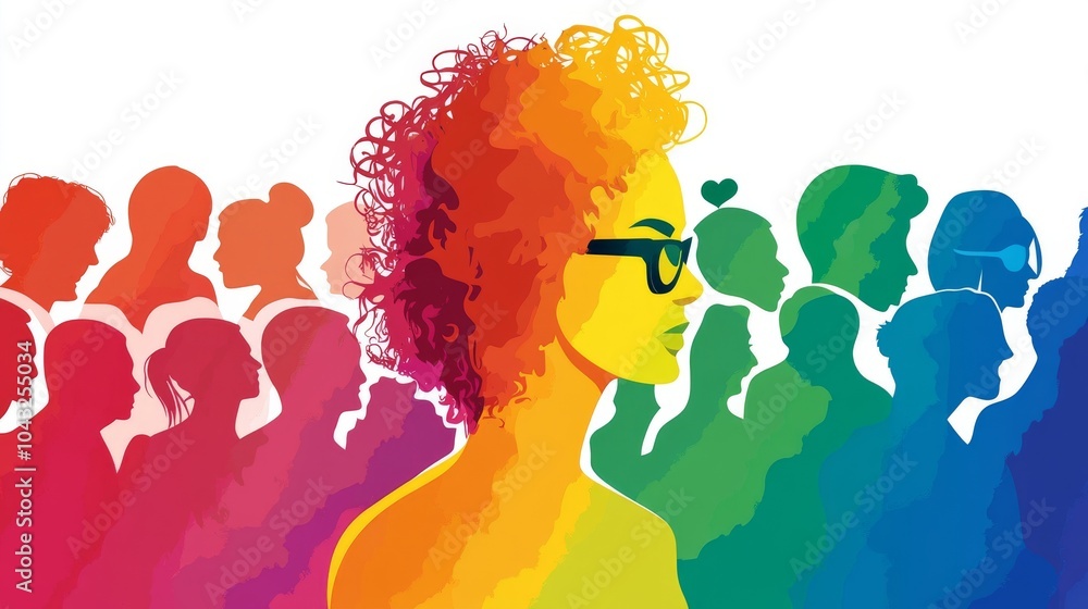 Colorful silhouette of a person with curly hair and glasses, standing out in a vibrant crowd, symbolizing individuality and diversity. Colorful silhouette of a person with curly hair and glasses, standing out in a vibrant crowd, symbolizing individuality and diversity.