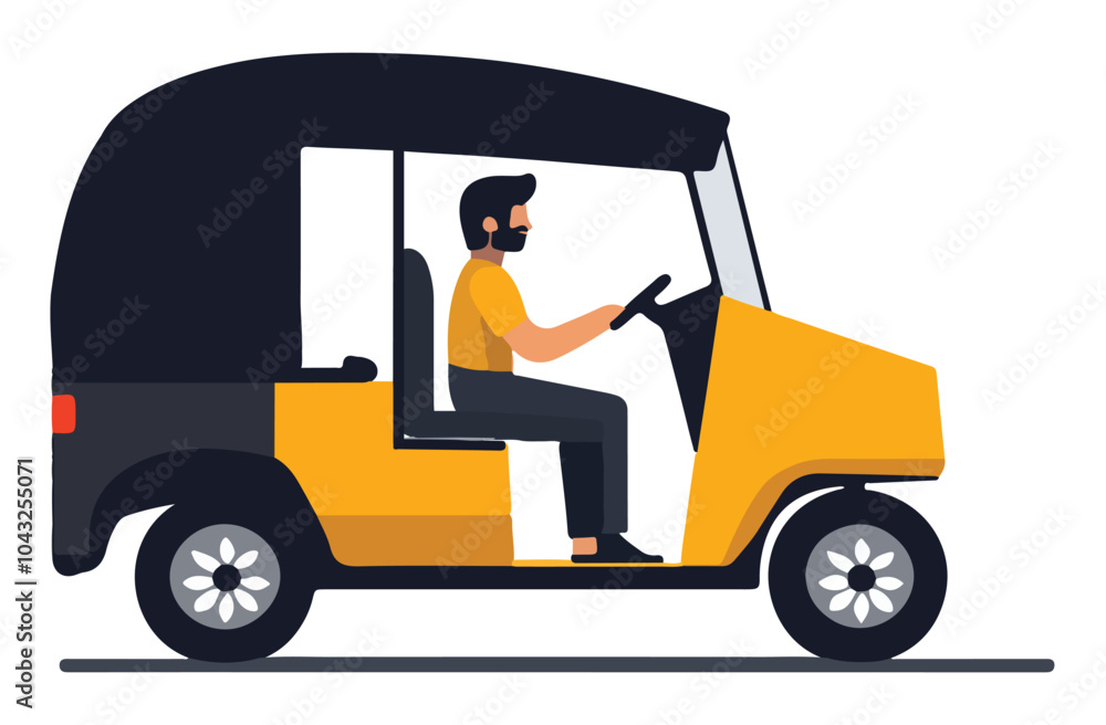 Driver and passenger in Indian auto rickshaw - modern street vector design Driver and passenger in Indian auto rickshaw - modern street vector design