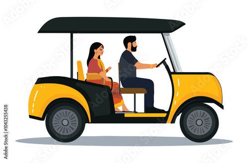Indian auto rickshaw with driver and passenger - modern vector illustration
