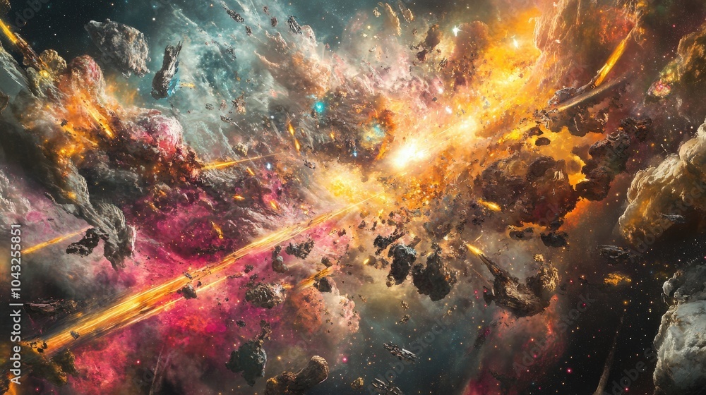 A sci-fi space battle illustrated by AI, with advanced starships exchanging laser fire in a distant galaxy, while vibrant nebulae and collapsing stars create an epic backdrop A sci-fi space battle illustrated by AI, with advanced starships exchanging laser fire in a distant galaxy, while vibrant nebulae and collapsing stars create an epic backdrop