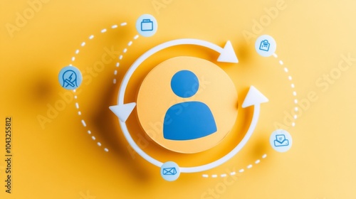 Conceptual image of user-centric icon with circular arrows, highlighting connection and communication on a bright yellow background. photo