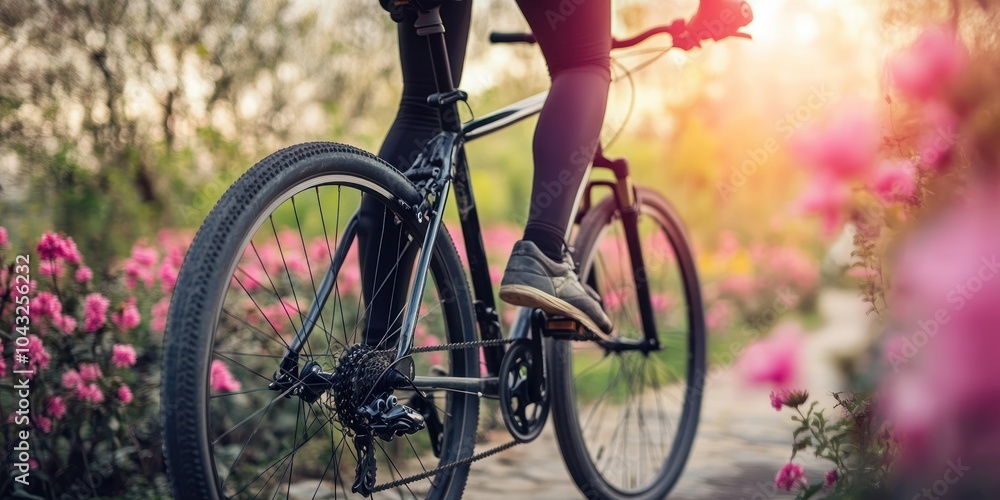 Fototapeta premium A cyclist rides through a vibrant flower path during sunset.
