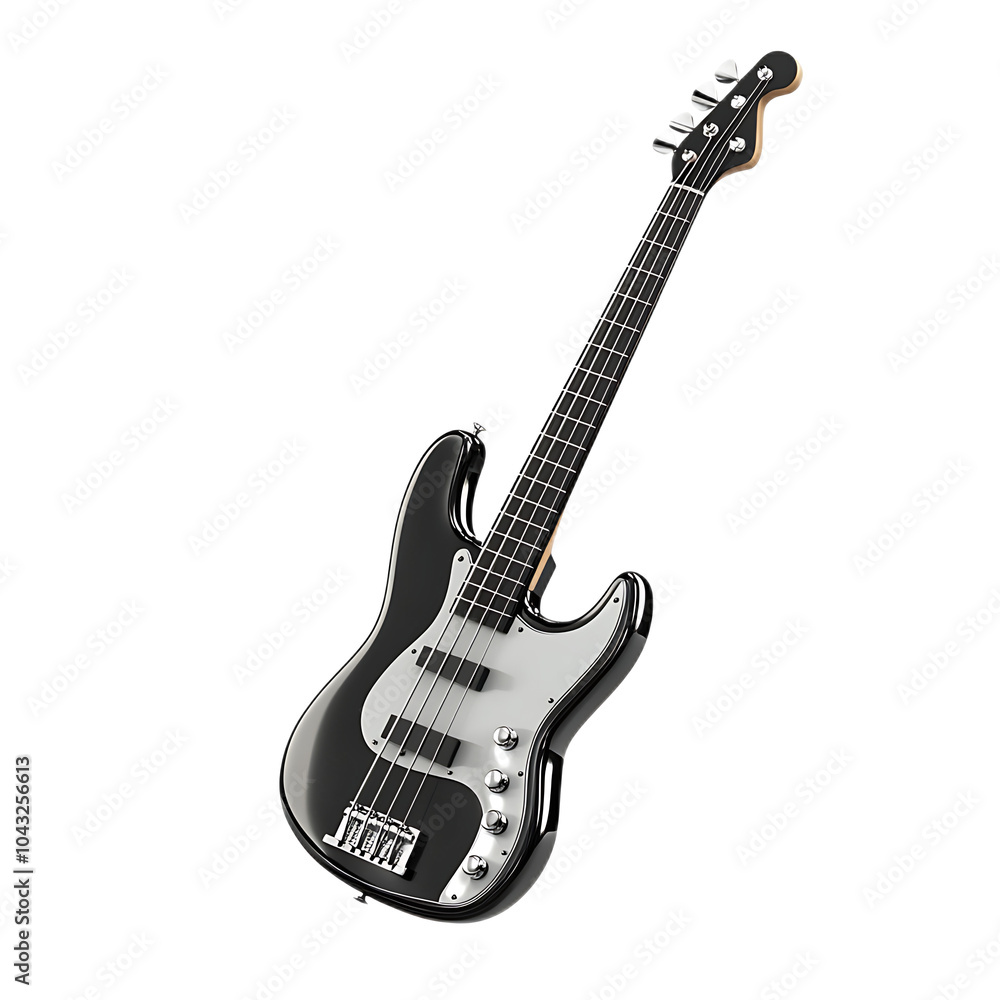Naklejka premium Stylish Black Electric Bass Guitar on White Background