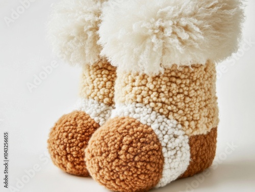 Cozy and stylish fuzzy slippers with pom-poms, perfect for cold winter days. photo