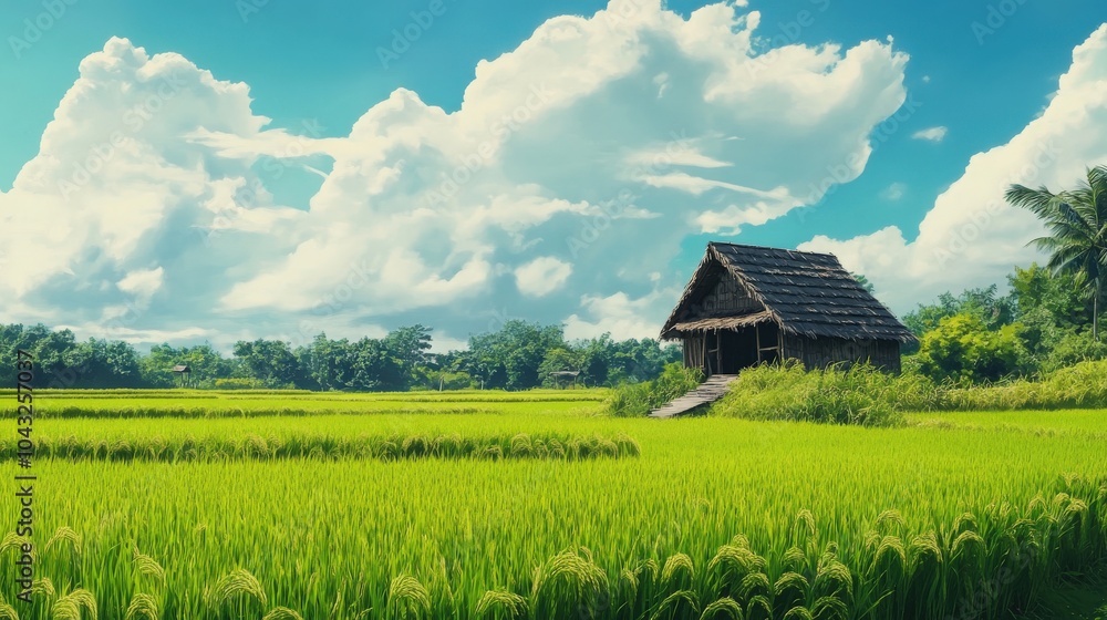 A serene landscape with a wooden hut perched in the middle of a jasmine rice field, the bright green plants stretching endlessly towards the sky. A serene landscape with a wooden hut perched in the middle of a jasmine rice field, the bright green plants stretching endlessly towards the sky.