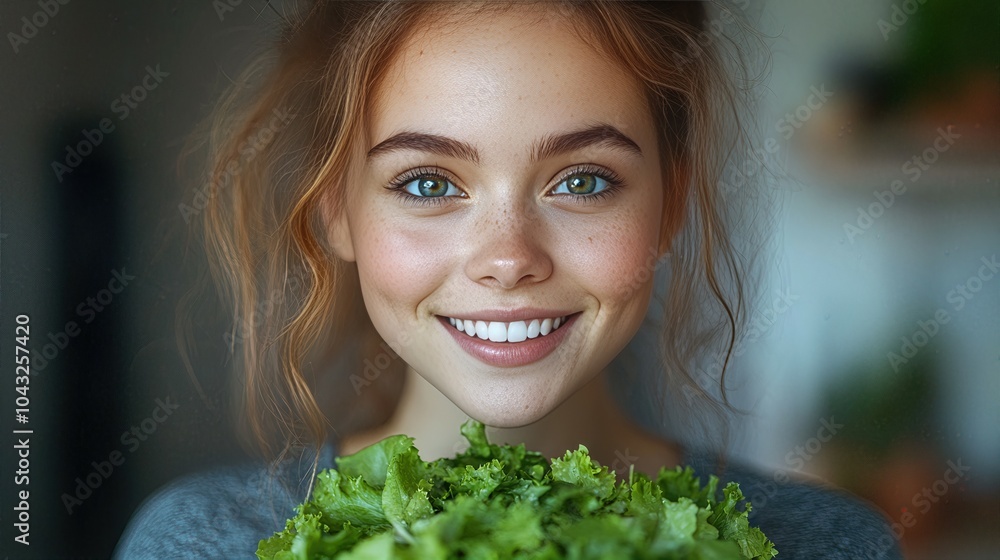 A cheerful young woman with bright eyes holds a dense bunch of green lettuce close to her face, showcasing her radiant smile and natural beauty in a bright, cozy setting A cheerful young woman with bright eyes holds a dense bunch of green lettuce close to her face, showcasing her radiant smile and natural beauty in a bright, cozy setting