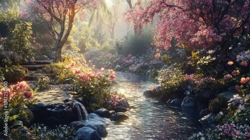 A beautiful fantasy garden with trees, flowers. photo