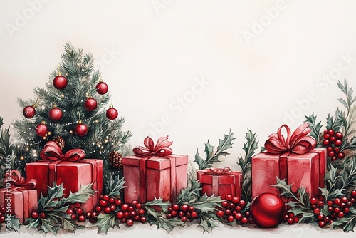 Christmas elements, including a Christmas tree and red gifts, on a white background, in a vintage style illustration, with a watercolor, pastel color scheme. The red festive theme features holly berri