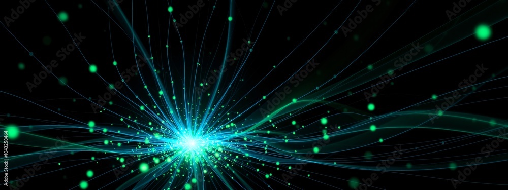Fototapeta premium Abstract Green Teal Light Composition With Floating Particles On Black Background