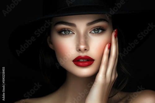 A beautiful woman with red lips and manicured nails, wearing a black hat, in a fashion photo shoot.