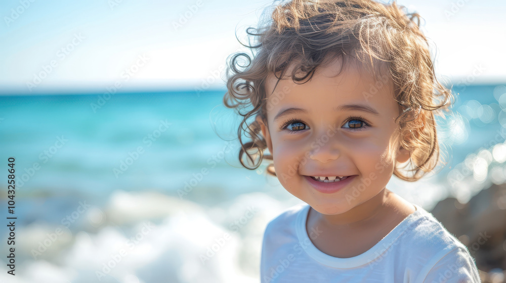 Joyful Libyan toddler enjoying nature by the sea, curly hair glistening in sunlight Joyful Libyan toddler enjoying nature by the sea, curly hair glistening in sunlight