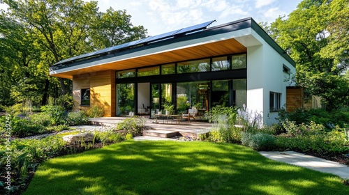 A modern house with large windows, surrounded by greenery and a well-manicured lawn, blending architecture with nature.