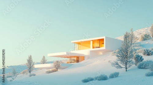 A modern, minimalist house stands on a snowy hillside, bathed in soft sunlight, showcasing sleek architecture against a tranquil winter backdrop.