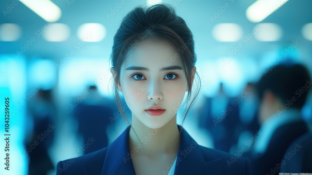 A young businesswoman exudes confidence as she stands in a contemporary office filled with blue lighting, engaged in a corporate meeting surrounded by colleagues A young businesswoman exudes confidence as she stands in a contemporary office filled with blue lighting, engaged in a corporate meeting surrounded by colleagues