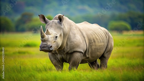 Rhino grazing on grass in symmetrical position