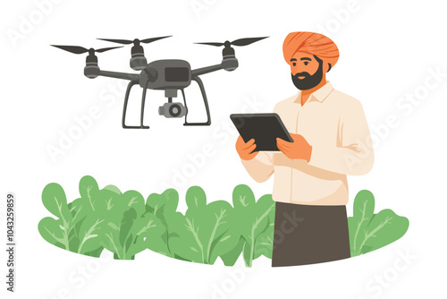  Indian Farmer Managing Crops with Drone in Flat Vector Agricultural Illustration