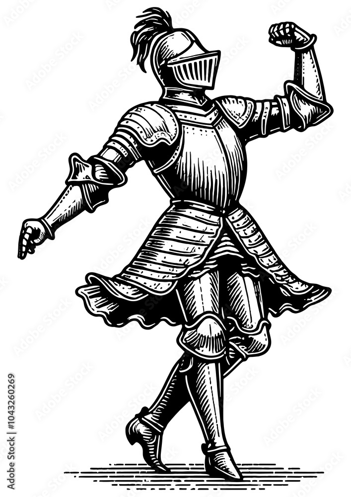 Obraz premium knight in full armor dancing joyfully, medieval imagery with playful, humorous elements sketch engraving generative ai PNG illustration. Scratch board imitation. Black and white image.