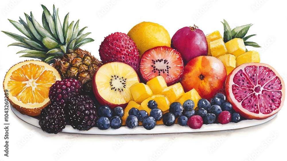 Vibrant assortment of fresh fruits on a white platter, isolated on white background. Vibrant assortment of fresh fruits on a white platter, isolated on white background.