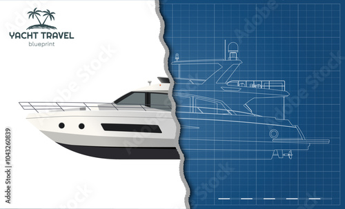 Outline yacht drawing. Side view of private ship. Modern boat contour blueprint. Cruise motorboat line art. Sailboat 3d model. Contour document
