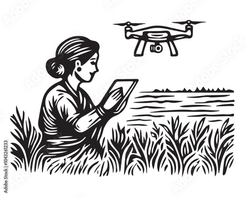  Indian Woman Farmer Using Drone Technology for Agriculture in Vintage Woodcut Style