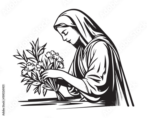 Muslim Woman Working with Flowers in Vintage Engraved Woodcut Illustration