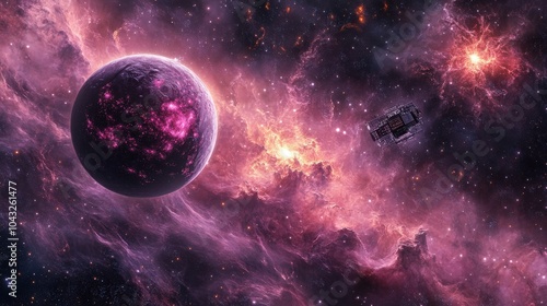 An AI-generated illustration of a massive space colony orbiting a dying star, with futuristic technology keeping the inhabitants safe amidst the glowing nebula and collapsing galaxies