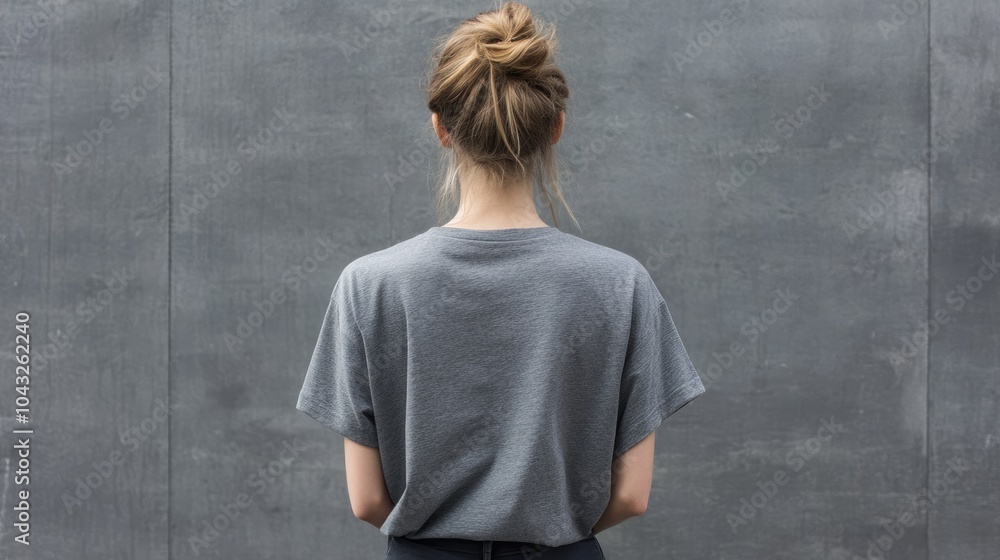 Casual Back View of a Woman in Gray T-Shirt Casual Back View of a Woman in Gray T-Shirt
