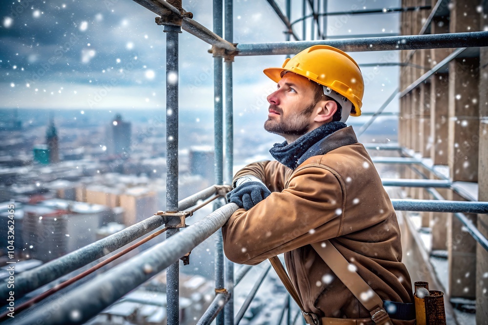 Photograph of a worker in a yellow hard hat and brown jacket leaning back on scaffolding, gazing at the city below, with snowflakes adding a touch of winter charm to the scene. Photograph of a worker in a yellow hard hat and brown jacket leaning back on scaffolding, gazing at the city below, with snowflakes adding a touch of winter charm to the scene.