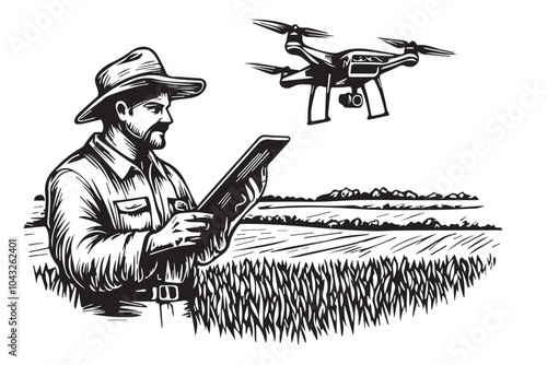  Farmer Using Drone and Tablet for Crop Management in Hand-Drawn Vintage Woodcut Style