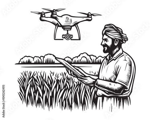  Indian Farmer Using Drone and Tablet for Precision Agriculture in Vintage Woodcut Style