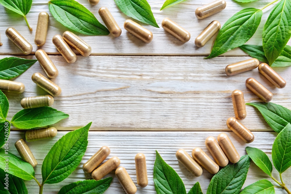 Natural supplement capsules surrounded by fresh green leaves on white wooden background, creating a frame for wellness and herbal medicine concept. Natural supplement capsules surrounded by fresh green leaves on white wooden background, creating a frame for wellness and herbal medicine concept.