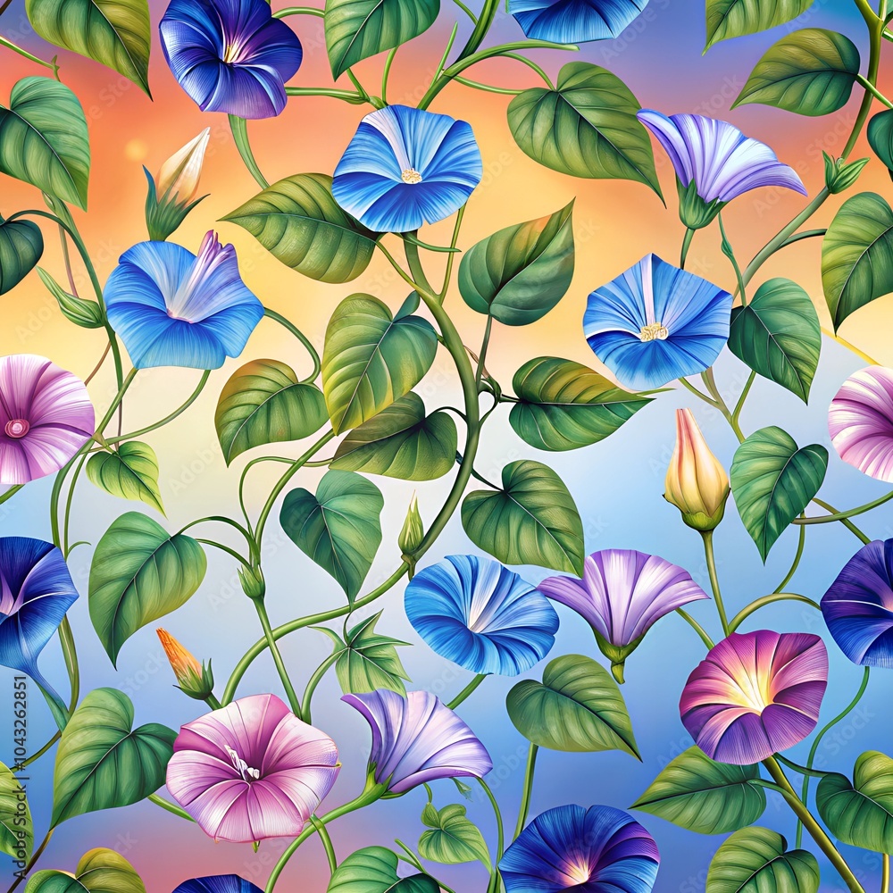 Fototapeta premium A seamless pattern featuring morning glories on a sunrise gradient, seamless Pattern