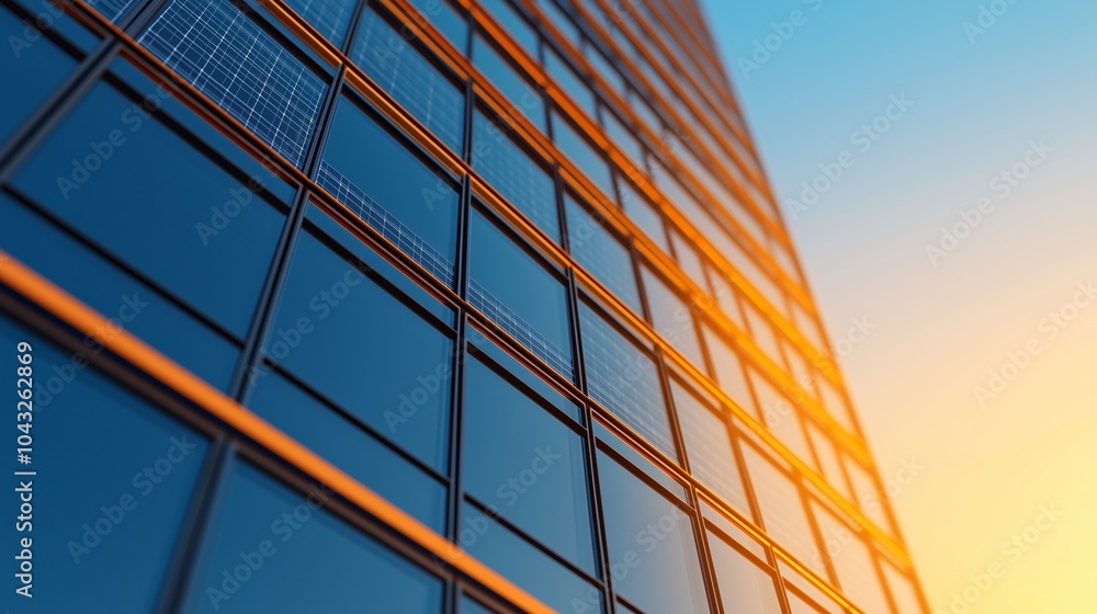 Obraz premium Close-up of a modern building's facade with large glass panels, highlighting an intricate grid pattern and the warm glow of the setting sun.