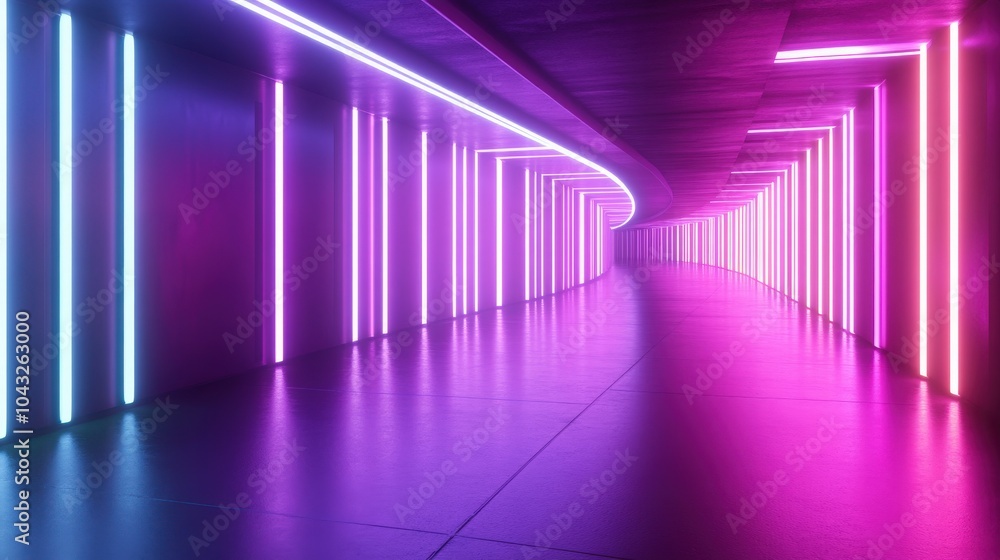 Panoramic 3D render of neon lights with glowing purple, violet, and pink lines under ultraviolet illumination Panoramic 3D render of neon lights with glowing purple, violet, and pink lines under ultraviolet illumination
