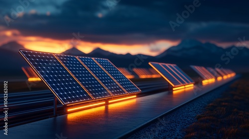 A close-up of a row of solar panels illuminated at sunset, set against mountains and a cloudy sky, creating a stunning visual of clean energy technology. photo