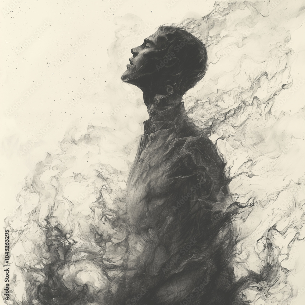 Fototapeta premium man's silhouette emerges from dense smoke, adding a mysterious aura to the monochrome art