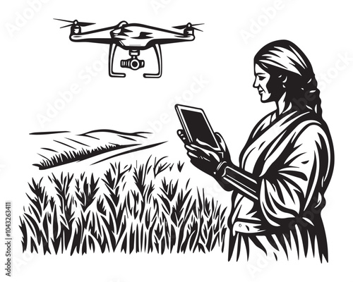 Indian Woman Farmer Monitoring Crops with Drone Technology in Engraved Art Style