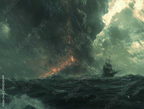 Dramatic scene of a lone ship battling fierce stormy seas beneath a dark, swirling sky. An intense depiction of nature's formidable power. photo