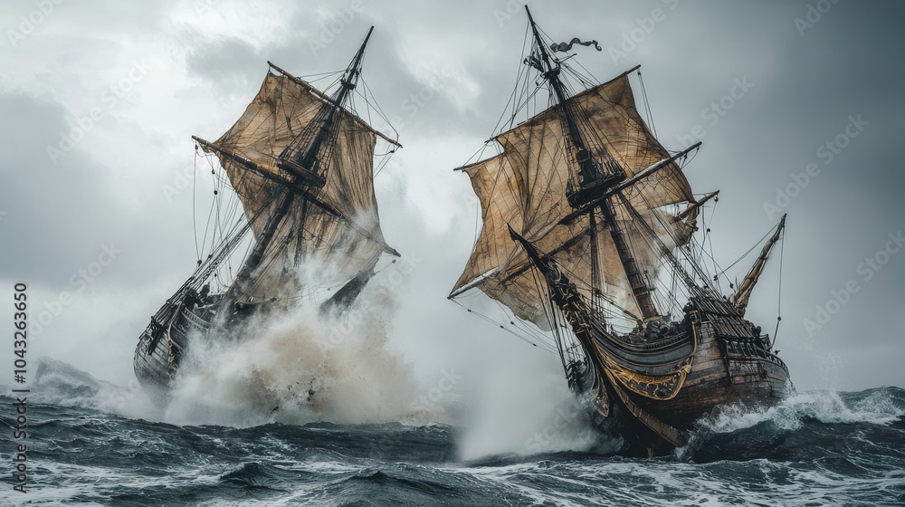Obraz premium Dramatic scene of two ancient sailing ships battling stormy seas, showcasing raw power and adventurous spirit in turbulent weather.