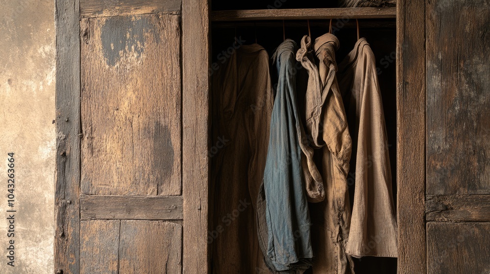 Fototapeta premium Rustic Wardrobe with Hanging Clothes in Natural Light