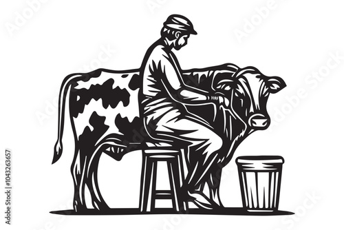 Traditional Indian Farmer Milking Cow - Black and White Woodcut Vintage Art
