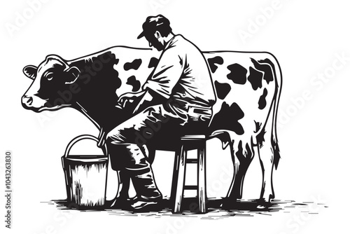 Black and White Indian Farmer Milking Cow - Vintage Engraved Woodcut Art
