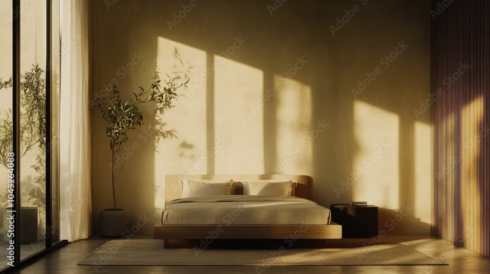 Fototapeta premium Modern Minimalist Bedroom with Soft Natural Light