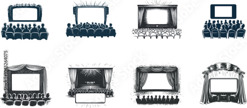 Artistic Representation of Various Cinema Setups Featuring Screens and Audiences