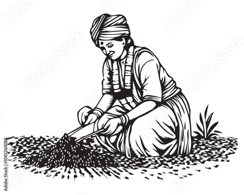 Traditional Indian Woman Farmer Working in Field - Black and White Vintage Woodcut Art