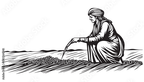 Vintage Indian Woman Farmer Woodcut Illustration - Traditional Agricultural Scene