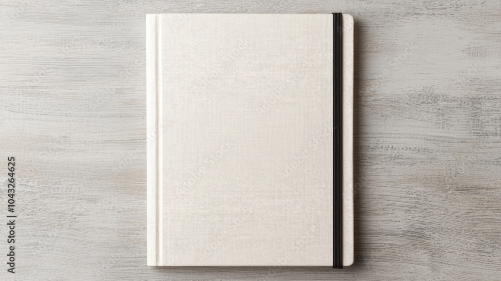 Fototapeta premium A plain notebook with a textured cover and black elastic band lies flat on a light wooden surface.